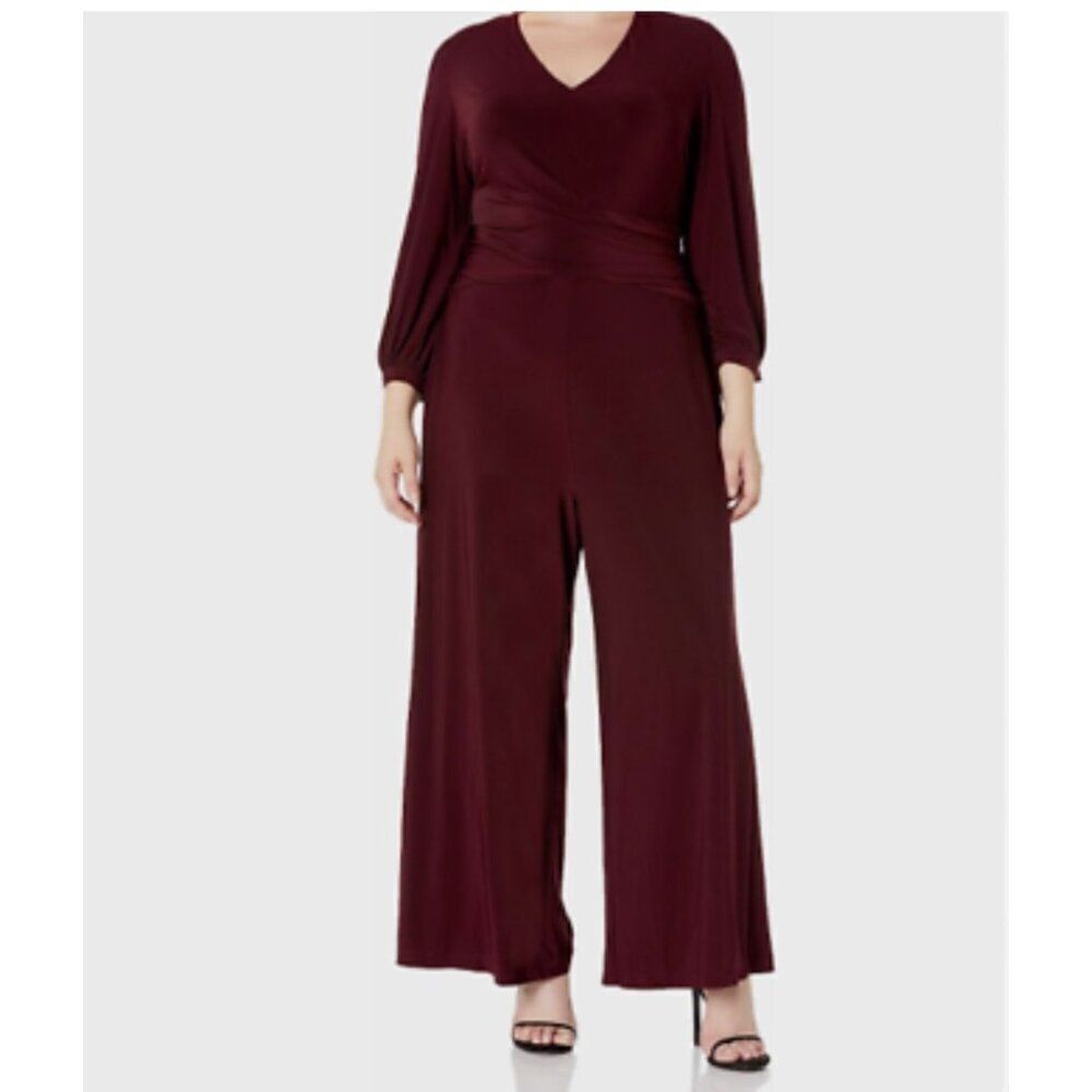 Taylor Women Wine Ruched Waist V Neck Wide Leg Jumpsuit Size 24 NWT